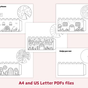 May include: Printable 3D fairy house templates.  The image shows five black and white outlines of fairy houses with different designs.  The text "3D Fairy Houses" is at the top of the page.  The text "A4 and US Letter PDFs files" is at the bottom of the page.