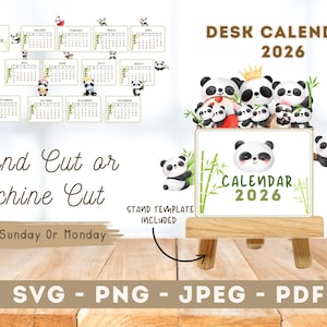Calendario da tavolo Panda 2026, calendario stampabile in formato mini (SVG, PDF)