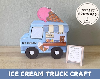 May include: A light blue paper ice cream truck craft with a pink ice cream cone on top. The truck has black wheels, a window, and an awning. The words "ICE CREAM" and "OPEN" are visible. A small sign displays an ice cream menu.
