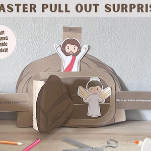 May include: An Easter-themed pull-out surprise craft with the text "EASTER PULL OUT SURPRISE". The craft features illustrations of Jesus, an angel, and a stone. The text "Instant Download Printable Template" is also visible.