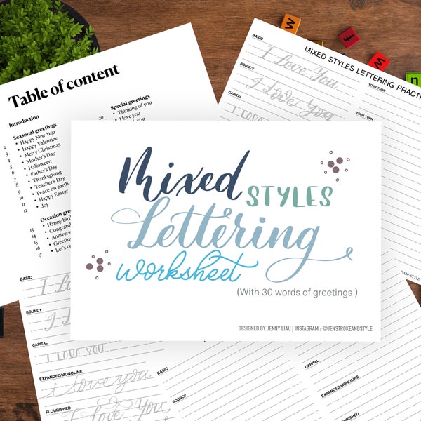 Mixed style hand lettering worksheet Greetings lettering printable hand lettering workbook PDF handlettering booklet Calligraphy printable