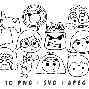 Esquema SVG de Inside Out 2. Imágenes prediseñadas para colorear de emociones de Inside Out 2. Archivos SVG de contorno de personajes de Inside Out 2. Descarga instantánea. Uso comercial.