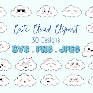 30 imágenes prediseñadas de nube kawaii PNG expresión de nube linda SVG imágenes prediseñadas nube linda Descarga instantánea emociones imprimibles nube kawaii expresión clipart