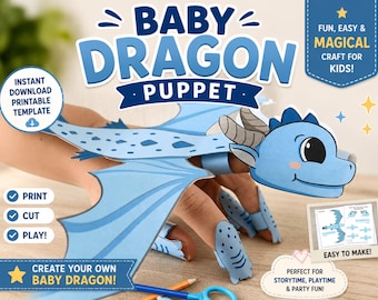 Baby dragon finger puppet printable template - Instant download include blank template