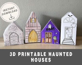 May include: Four 3D printable haunted houses in a row. Each house is a different color and design, with Halloween-themed illustrations. The houses are labeled with the text "3D PRINTABLE HAUNTED HOUSES" and "INSTANT DOWNLOAD".