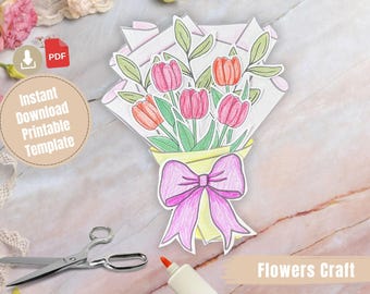 Paper Tulip Bouquet Printable Craft: Make your own flower bouquet Colouring Template