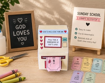 Kaartjesautomaat God's Love | Afdrukbare zondagsschoolactiviteit | Christelijk knutselwerk voor kinderen | Pull-bijbelherinnering | Bewerkbaar thema