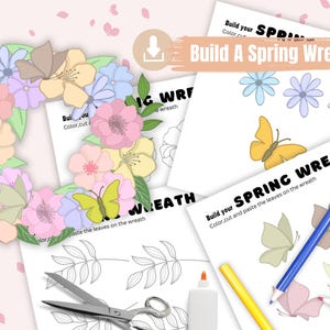 Frühlingskranz DIY Papiervorlage, Kranz DIY Papiervorlage, Easy Cut Color Paste Kinder Papierkunst, druckbarer Kranz Wohnkultur Blumen DIY