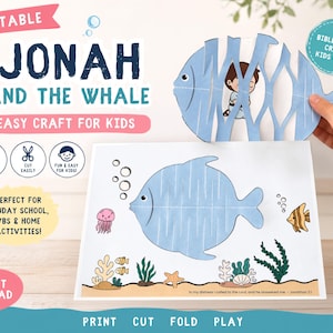 May include: A printable Jonah and the Whale craft kit featuring a blue whale cutout with a character inside, a flat sheet with a blue whale, sea creatures, and the text "In my distress I called to the Lord, and he answered me. - Jonah 2:1".