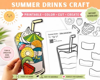 Eenvoudig zomers afdrukbaar knutselwerk voor kinderen, DIY-sjabloon zomerdrankjes, Peuteractiviteit voorschoolse