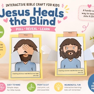 May include: An interactive paper craft for kids titled Jesus Heals the Blind. The craft features two cards showing a cartoon figure with brown hair and a beard. One card shows the figure with hands covering eyes, and the other shows the figure with eyes open.