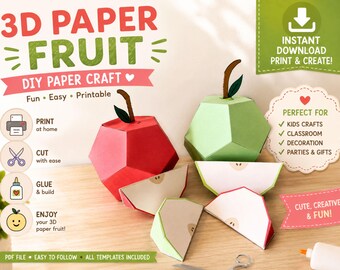 3D papieren speelgoed: appel en appelschijfje - een zelf te printen knutselsjabloon