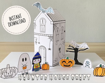 May include: Printable Halloween haunted house craft with a witch, ghosts, bats, pumpkins, and a spooky tree.  The craft is ready to be colored and assembled.  Instant download.