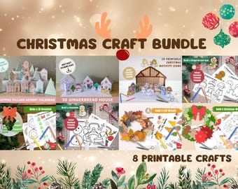 Op de afbeelding: Afbeelding van een kerstknutselbundel met de tekst "CHRISTMAS CRAFT BUNDLE" en "8 PRINTABLE CRAFTS". De afbeelding toont afdrukbare sjablonen voor een kerstdorp, peperkoekhuis, kerststal, ornamenten, een sneeuwpop, kransen en een peperkoekmannetje.