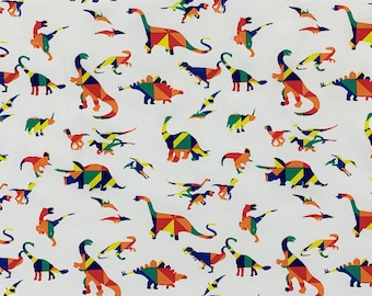 Rainbow Dinosaur Print On White Single Jersey Fabric Stretch T-Shirt Weight 62" Width Sold By The Metre