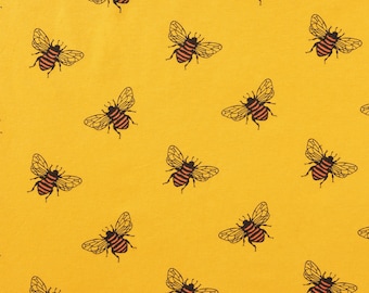 Bee Print On Gold Mustard Single Jersey Fabric Stretch T-Shirt Weight 62" Width Sold By The Metre