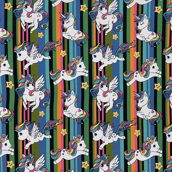 Striped Baby Unicorns On Stretch Jersey Fabric Material 60 Inch Width By The Metre