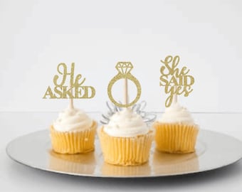 He Asked she said yes cupcake toppers | Engagement cupcake toppers | Bachelorette party cupcake toppers