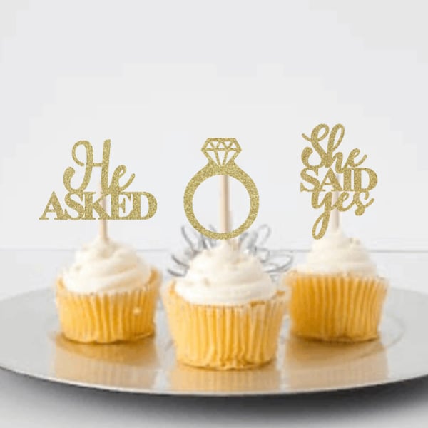 He Asked she said yes cupcake toppers | Engagement cupcake toppers | Bachelorette party cupcake toppers