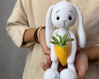 CROCHET PATTERN Cute little amigurumi hare Long-eared bunny Rabbit with carrot Digital tutorial pdf