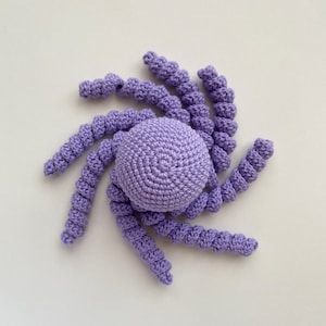 May include: A crocheted purple octopus toy with a round head and eight long, curled tentacles.