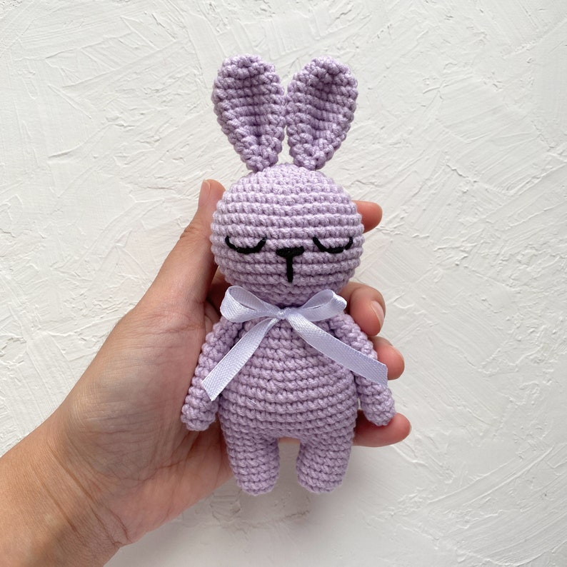 May include: A lavender crocheted bunny toy with a white ribbon. The bunny has black embroidered eyes and a nose.