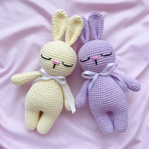 Pode incluir: Duas bonecas de coelho de crochê feitas à mão. Uma é amarelo pálido, a outra é lavanda. Ambas têm olhos fechados, narizes rosa e laços de fita branca. Os coelhos estão sobre um tecido rosa.