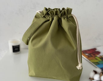 Knitting Project Bag, Drawstring Olive GREEN Cotton bag, Travel knitting bag, Knitting storage bag, Project bag for knitting