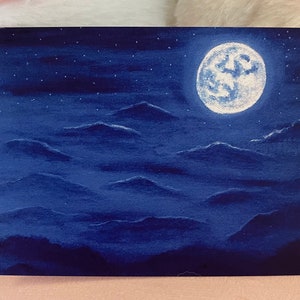 Bluemoon, Azul, Emocional, Lua, Escuro, Noite, Céu, Cartão Postal de Desenho à Mão, Cartão Postal de Pintura, Cartão Postal Artístico, Decoração de Parede, Melhor Presente