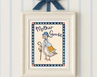 Mother Goose Nursery Rhyme Print – Vintage Storybook Wall Art, Classic Nursery Decor Illustration