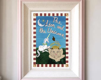 Lion and Unicorn Nursery Print – Hand-Painted Rhyme Art