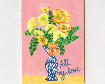 Sending Lots of Love Card, Floral Envelope Illustration, Hand Painted Greeting Card