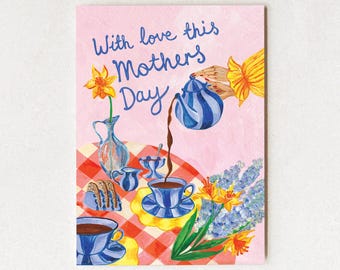 Hand-Painted Mother's Day Card, Tea Scene Illustration