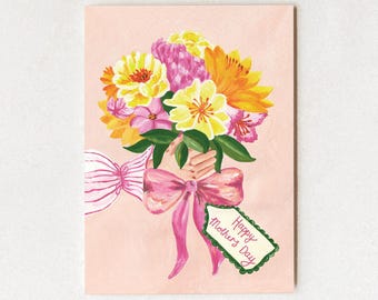 Happy Mother’s Day Card, Floral Bouquet Mum Card, Hand Painted Flowers, Illustrated Greeting