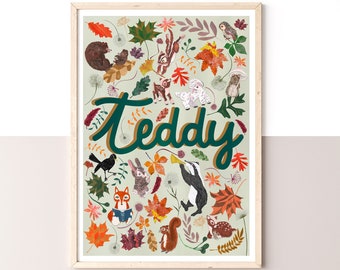 Personalized Baby Name Print: Hand-Painted Woodland Nursery Art