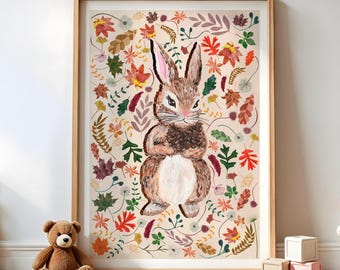 Bunny Hand Painted Nursery Print | Woodland Animal Art