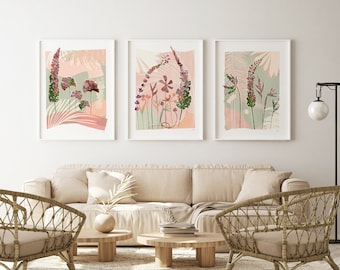 Floral Print Set, Calming wall art set, Sage Green Prints Set of Three