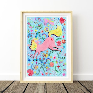 Blue Unicorn Art Print: Floral Rainbow Nursery Decor