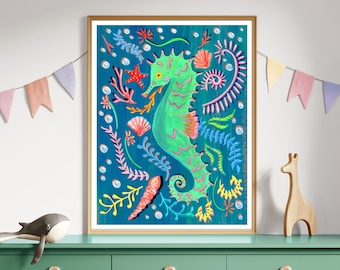 Seahorse Ocean Art Print | Seahorse Nursery Wall Art | Ocean Nursery Decor