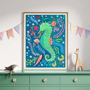 FRAMED Seahorse Wall Decor, Colourful Ocean Nursery Decor, Sea Creatures Kids Room Art