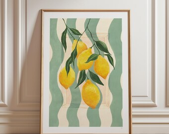 lemons Fruit Print, Cottage core, Stripe Print