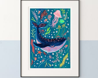 Whale Wall Art, Colourful Ocean Nursery Decor, Sea Creatures Kids Room Art