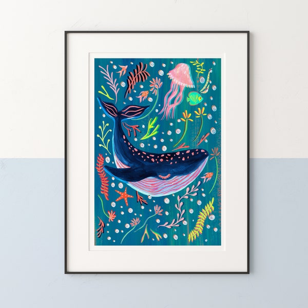 Whale Wall Art, Colourful Ocean Nursery Decor, Sea Creatures Kids Room Art