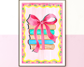 Books with Bow Nursery Art Print – Pink & Lilac Girls Room Decor