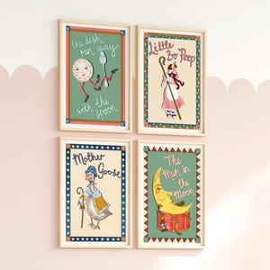 May include: Four framed nursery rhyme prints. The prints feature illustrations of "The dish ran away with the spoon", "Little Bo Peep", "Mother Goose", and "The Man in the Moon". Each print has a cream-colored background and a wooden frame.