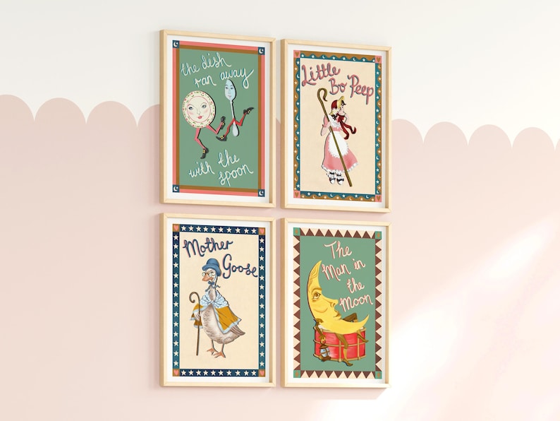 May include: Four framed nursery rhyme prints. The prints feature illustrations of "The dish ran away with the spoon", "Little Bo Peep", "Mother Goose", and "The Man in the Moon". Each print has a cream-colored background and a wooden frame.