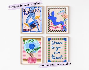 Retro Jazz Music Prints | Blues Night, Champagne, Music Wall Art (Set of 4)