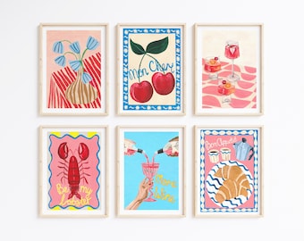 Quirky Kitchen Art Prints: Set of 6 Colourful Food Illustrations