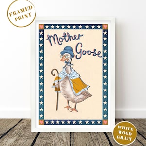 May include: Framed print featuring a whimsical illustration of Mother Goose, a goose character wearing a blue hat, glasses, and a yellow cape, holding a cane. The artwork is framed with a white border and a navy blue border with stars.