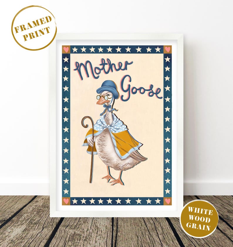 May include: Framed print featuring a whimsical illustration of Mother Goose, a goose character wearing a blue hat, glasses, and a yellow cape, holding a cane. The artwork is framed with a white border and a navy blue border with stars.
